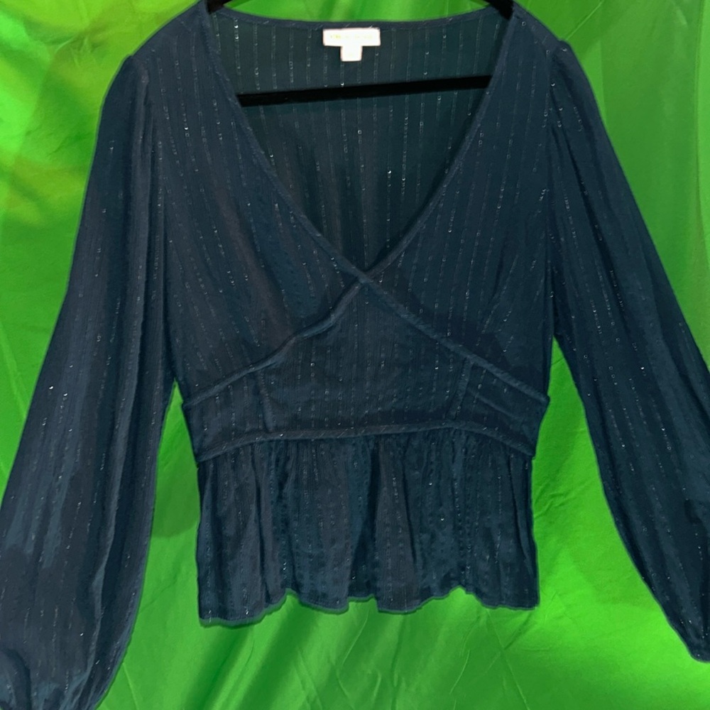 Knox Rose Dk Blue L Sleeve w/Cinch Wrist & Waist V-Neck, Shimmery  w/Flare Sz L